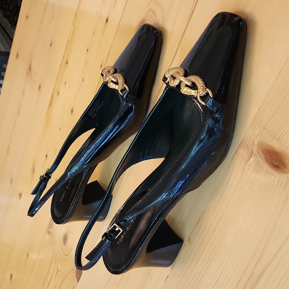 New Tory Burch JESSA SLINGBACK HEEL in Black Patent Leather 9.5